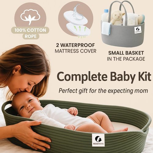 BEBENOVA Baby Changing Basket with Waterproof Pad, Baby Diaper Caddy Organizer, Blanket & Cotton Bag, Portable Changing Table Topper, Baby Changing Mat, Moses Baskets for Newborn (Grey)