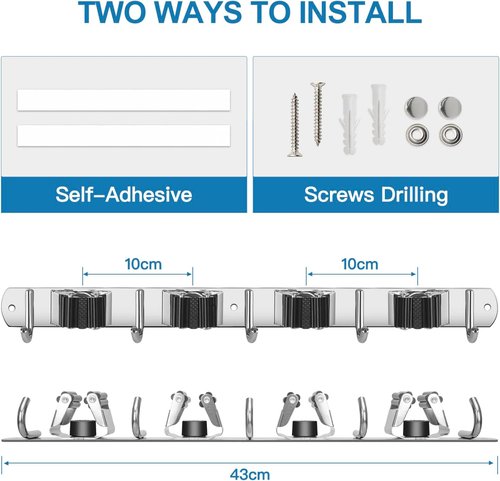 IMILLET Wall-Mounted Broom Holder - Heavy-Duty Stainless Steel Storage Organizer | 4 Racks & 5 Hooks