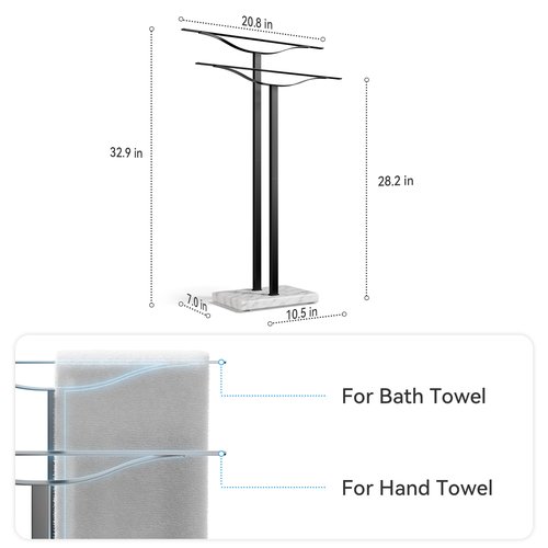 Bathroom Towel Rack Freestanding Floor Stand: Black 33in 2‑Bar Weighted Marble Base Towel Holder, Rustproof 304 Stainless Steel Drying Rack for Bath&Hand Towels, No‑Drill Slim Organizer, Spa Pool