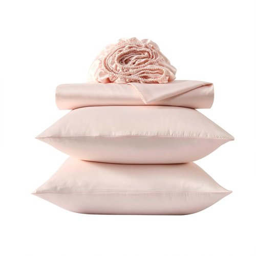 Laura Ashley - Queen Sheet Set, 100% Soft & Silky Smooth Satin Bed Sheets, Deep Pockets, Bedding with Matching Fitted Sheet & Pillowcases (Bliss Pink)