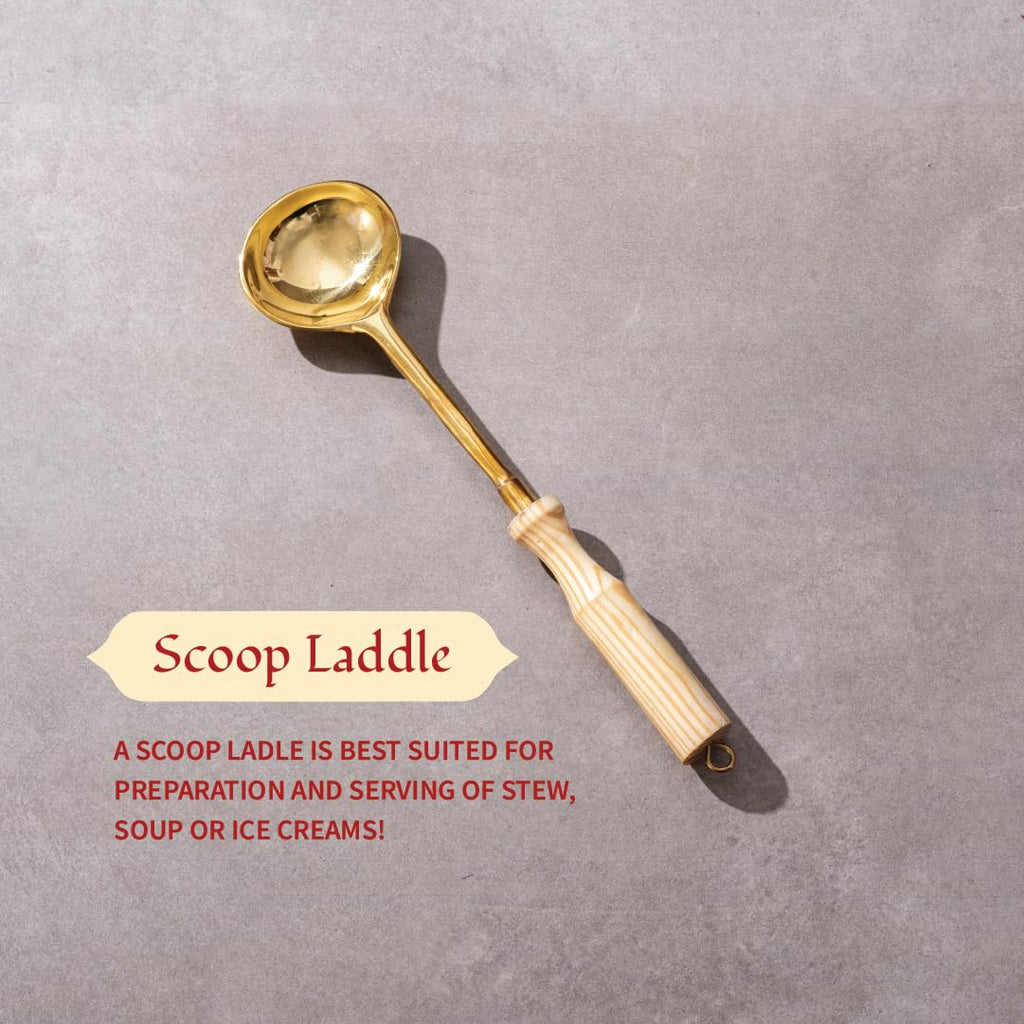 P-TAL Brass Ladle Set for Kitchen Ptal Brass Utensils Serving and Kitchen Tools Scoop Ladle Skimmer Serving Spoon Spatula Set of 4, 7 in,