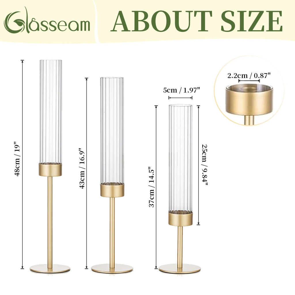 Glasseam Tapered Gold Candlestick Holders: 6 Pcs Tall Brass Taper Candle Holder with Ribbed Glass Cylinder - Hurricane Fluted Candle Holders for Table Centerpiece Wedding Party Christmas Decorations