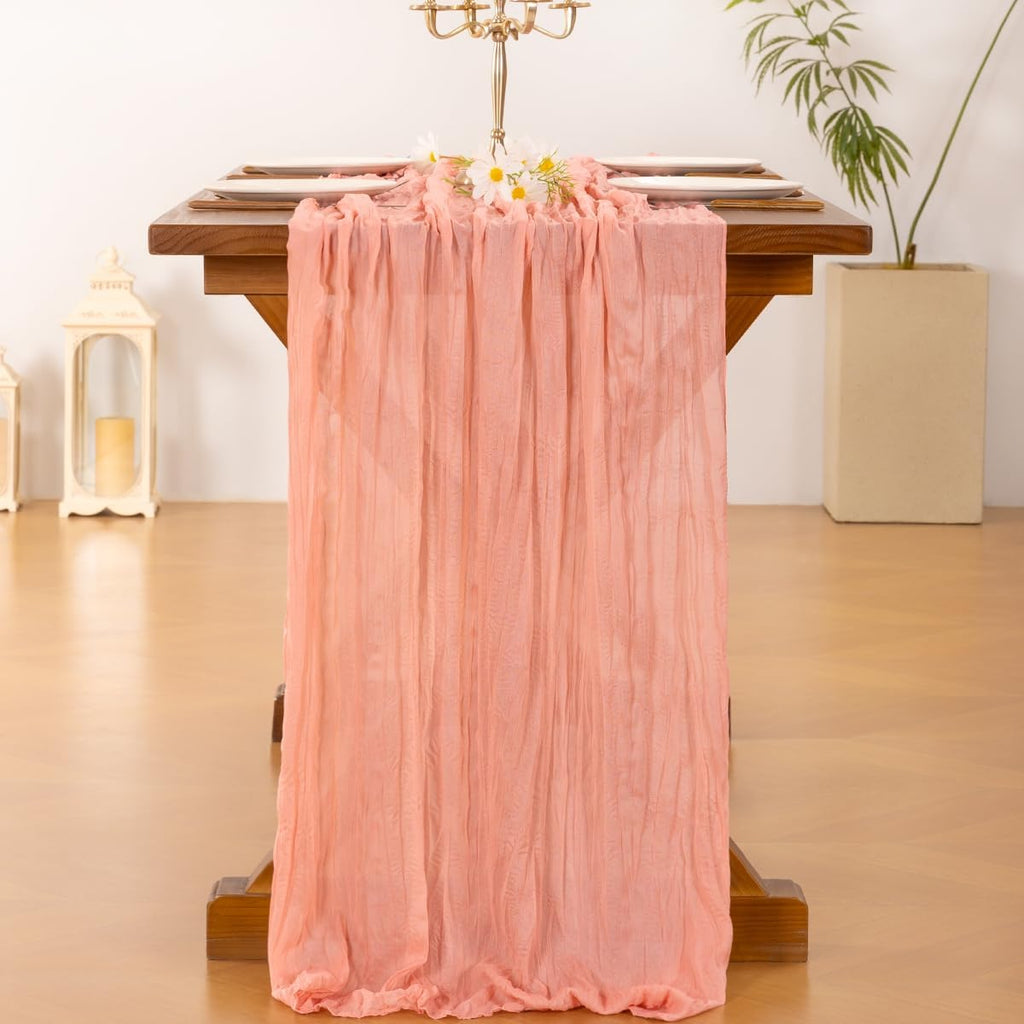 Socomi Cheesecloth Table Runner - Coral Peach Boho Style | 120-Inch for Weddings & Home Decor