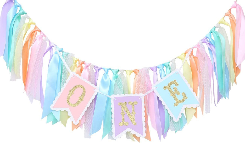 Rainbow High Chair Banner - Colorful 1st Birthday Photo Prop for Baby Girl Smash Cake, Macarons Theme