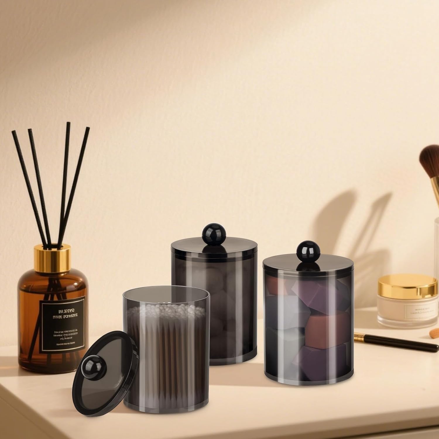 XIPENGKEJI Qtip Holder Set - Stylish Apothecary Jars with Lids for Bathroom Organization | 10oz-12oz Black Canisters