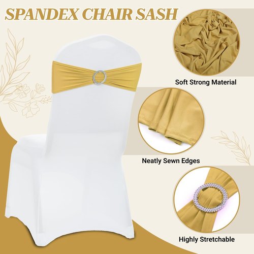 MDS Spandex Chair Sashes - Universal Fit Elastic Stretch Bands with Slider Bow for Wedding Decor | Gold - Pack of 150