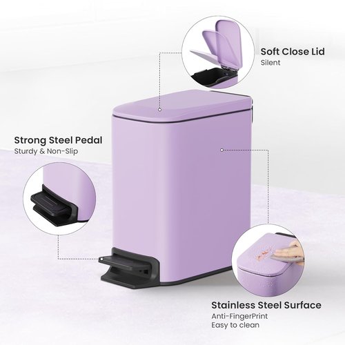Cesun Stainless Steel Small Bathroom Trash Can - Soft Close Lid & Step Pedal, 6L | Purple Finish