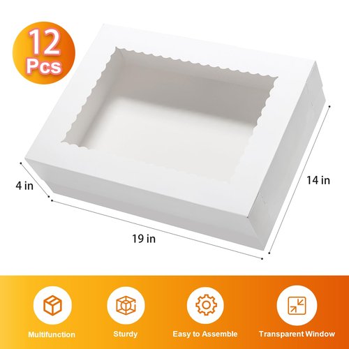 Wowxyz 12pcs 19x14x4 Inches Cake Boxes Rectangle Half Sheet 1/2 Sheet Bakery Boxes with Window - Donuts, Pastry Baking Cake, Pie White Cardboard Treat Packaging
