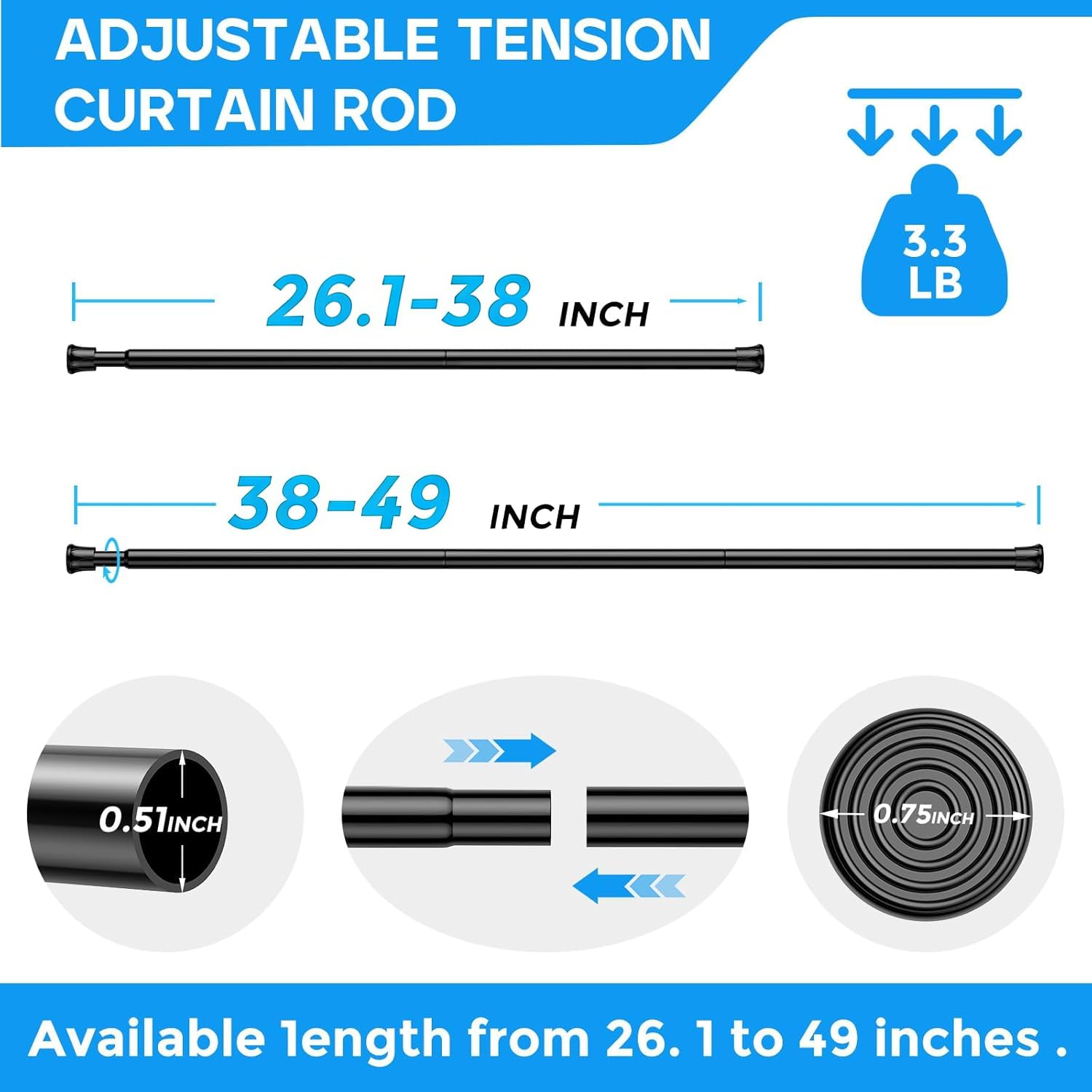 QINGYUN 2 Pack Black Spring Tension Curtain Rods 28-48 Inches, Spring Loaded Curtain Rods No Drilling, Adjustable Small Tension Rod for Windows, Kitchen, Doorway, Bathroom, Closet