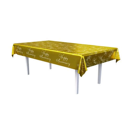 Beistle 54" x 108" Metallic Gold Happy Anniversary Tablecover, Plastic Disposable Table Cloth, Celebration Party Supplies