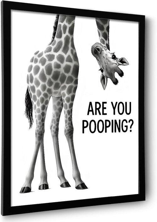 Funny Giraffe Bathroom Wall Art - 'Are You Pooping?' 8x10" Black & White Framed Print | Quirky Home Décor