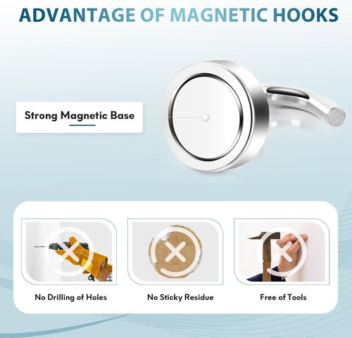 Neosmuk Magnetic Hooks - Heavy Duty 32lb+ Magnetic Hooks for Cruise Cabins & Travel | Silver Pack of 20