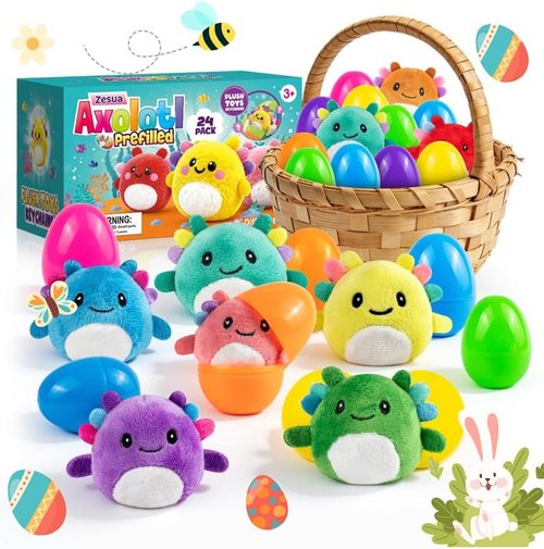 Axolotl Plush Toys | Easter Basket Stuffers - 24 Pack Prefilled Plastic Eggs for Kids' Gifts