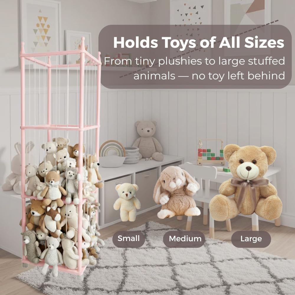 Wooden Stuffed Animal Storage Rack with Wheels, Wonder Space 54" Tall Toy Organizer for Kids Room, Water-Based Paint Finish, Safe & Eco-Friendly Plush Holder Shelf for Toddlers & Babies (Pink)