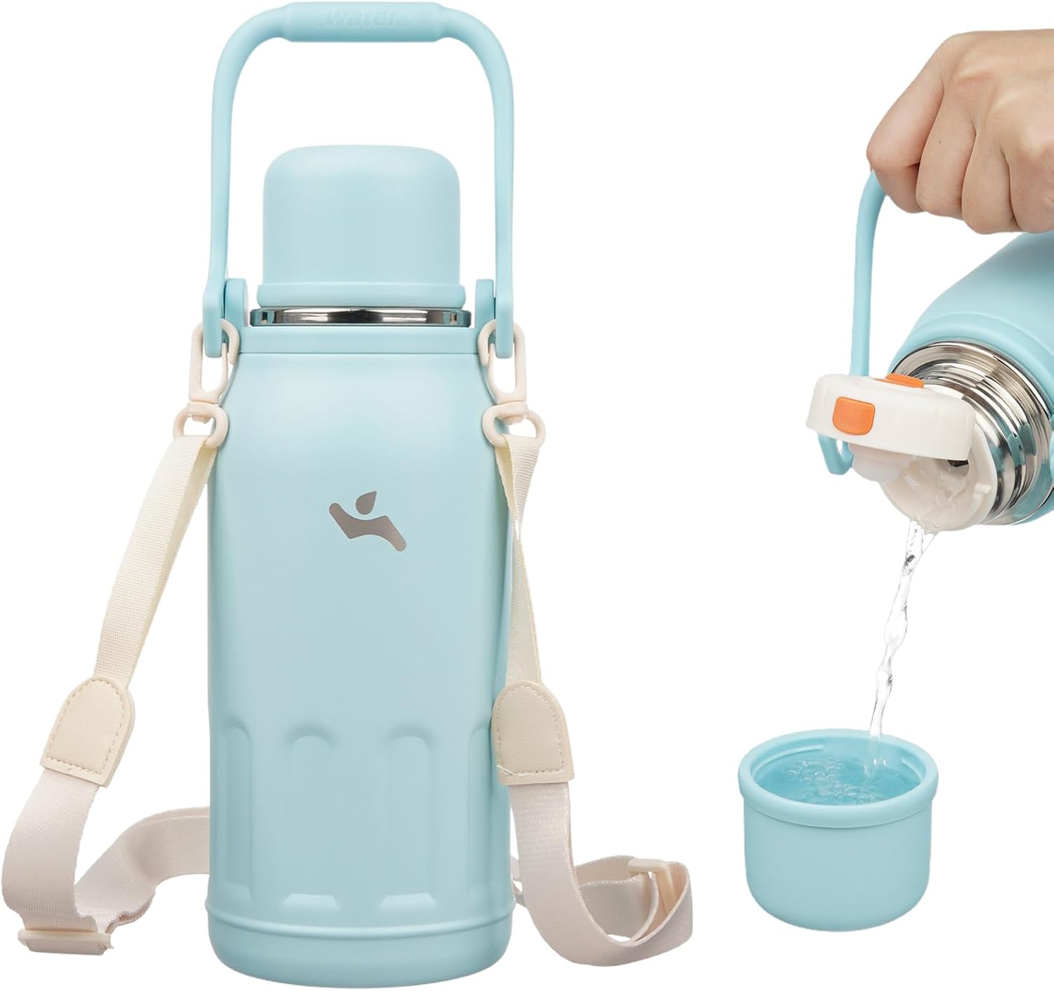 Skiennix Insulated Water Bottle - 40 Oz Vacuum Travel Tumbler with Handle & Strap - Cyan Blue