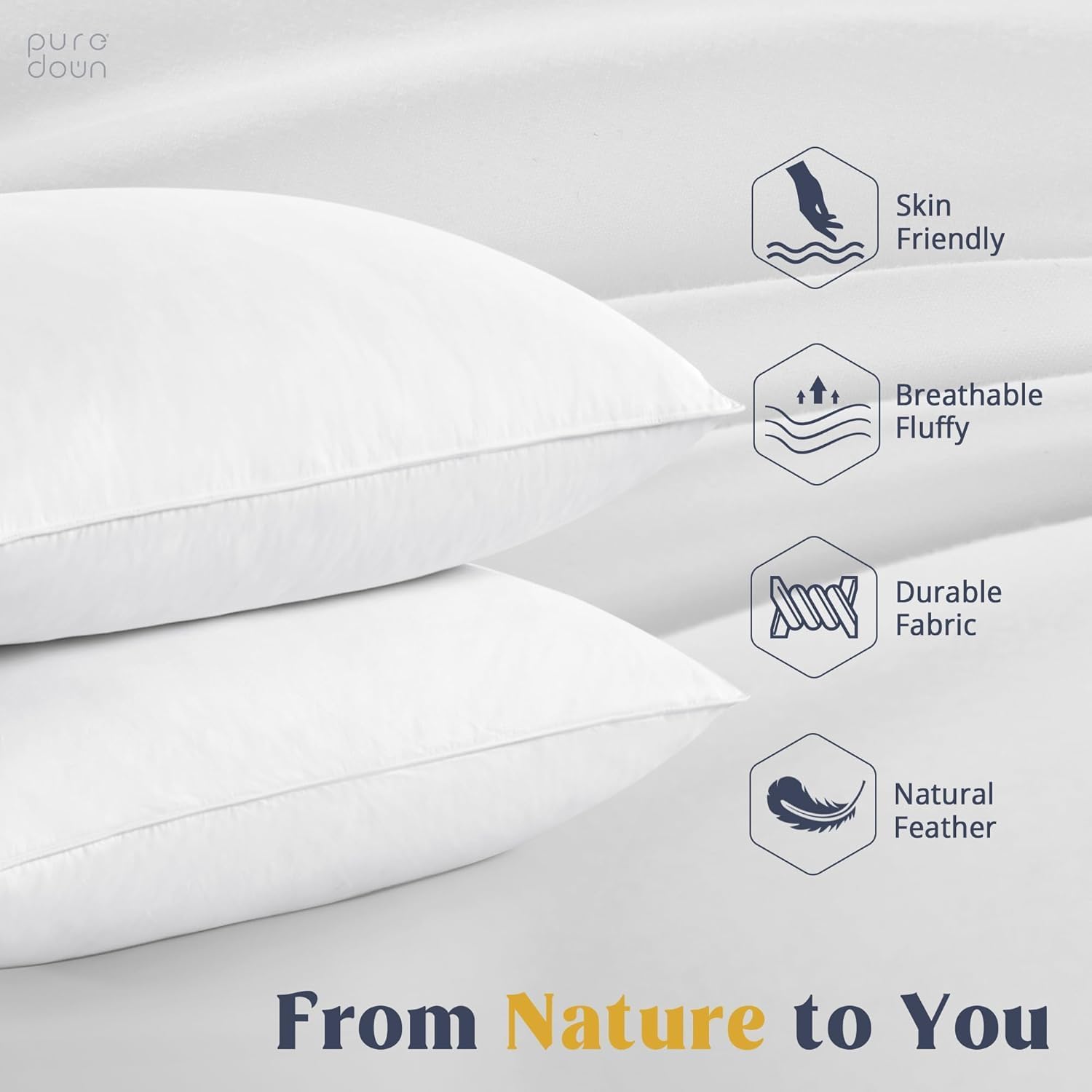 Puredown® Goose Feather & Down Pillows - 100% Cotton Cover, Set of 2 | Standard Size, Hotel Quality