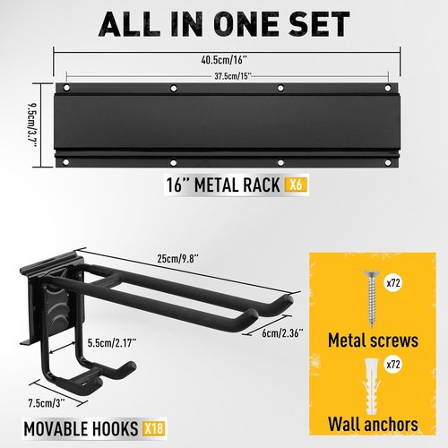 ELEAD Heavy Duty Garage Tool Organizer - 18 Pairs Wall Mount Hooks | Adjustable for Garden & Shed, 96 Inches, 1460 lbs Capacity