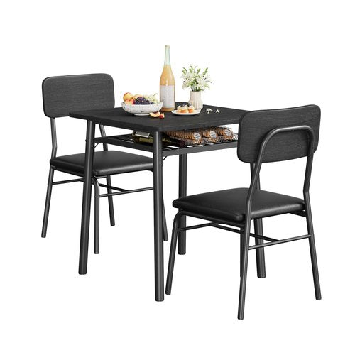 IDEALHOUSE 3-Piece Dining Table Set for 2 with Storage Rack, Wood Kitchen Table with Upholstered Chairs Set of 2, Small Square Table Set with Metal Legs Support, for Dining Room, Living Room, Black