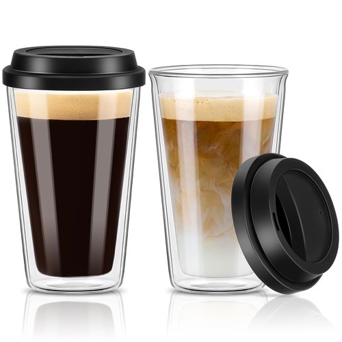 Qipecedm 2 Pack Double Walled Insulated Coffee Mugs with Silicone Lids, 12 OZ Reusable Coffee Cups, Cappuccino, Tea, Latte, Iced Coffee Cups, Travel Mugs, Heat Resistant