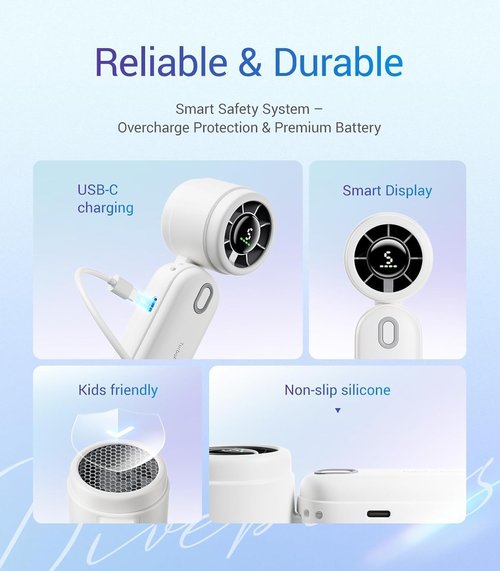 Diveblues Mini Portable Turbo Fan - 12H Max Cooling, 4000mAh Battery, 3-in-1 Handheld/Neck/Desktop Fan