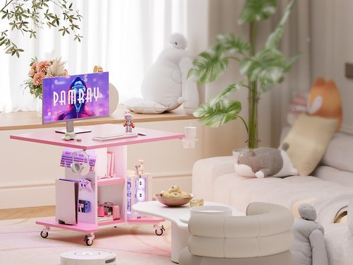 Pamray Small Rolling Gaming Desk with Led Lights Power Outlets and Storage Pegboard, Small Spaces Compact PC Computer Table Pink