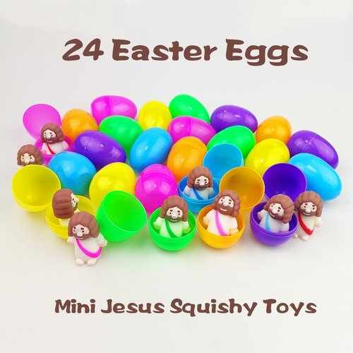 Jofan 24 Pack Plastic Prefilled Easter Eggs - Mini Jesus Mochi Squishy Toys for Kids & Toddlers
