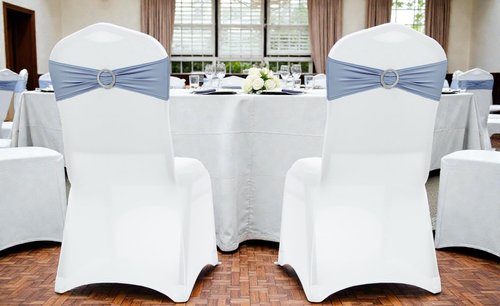 MDS Premium Stretch Spandex Chair Sashes - Pack of 75 Dusty Blue Covers with Buckle Slider for Weddings & Events
