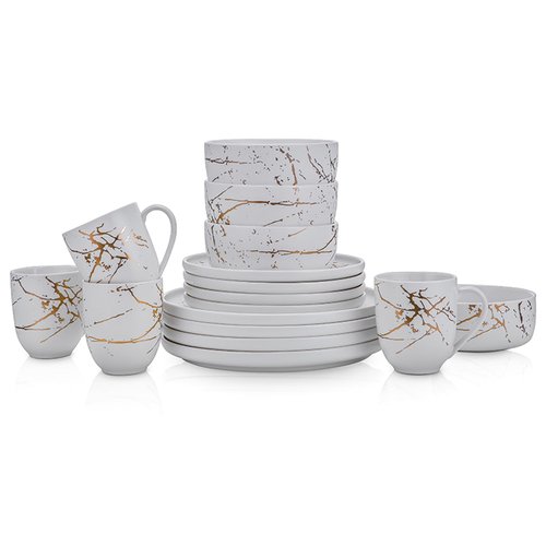 Stone Lain Porcelain 16 Piece Dinnerware set, 4 Full White Gold Splash Sets