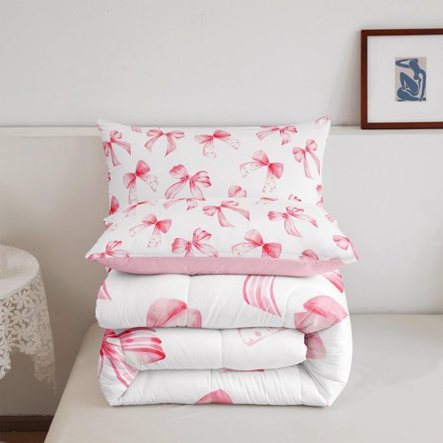 Feelyou Kawaii Pink Bow Bedding Set for Kids Boys Girls Twin Size Cute Dreamy Princess Style Comforter Set Ultra Soft Bow Pattern Comforter Cute Coquette Bow Knot Duvet Quilt Bedroom Decor Quilt