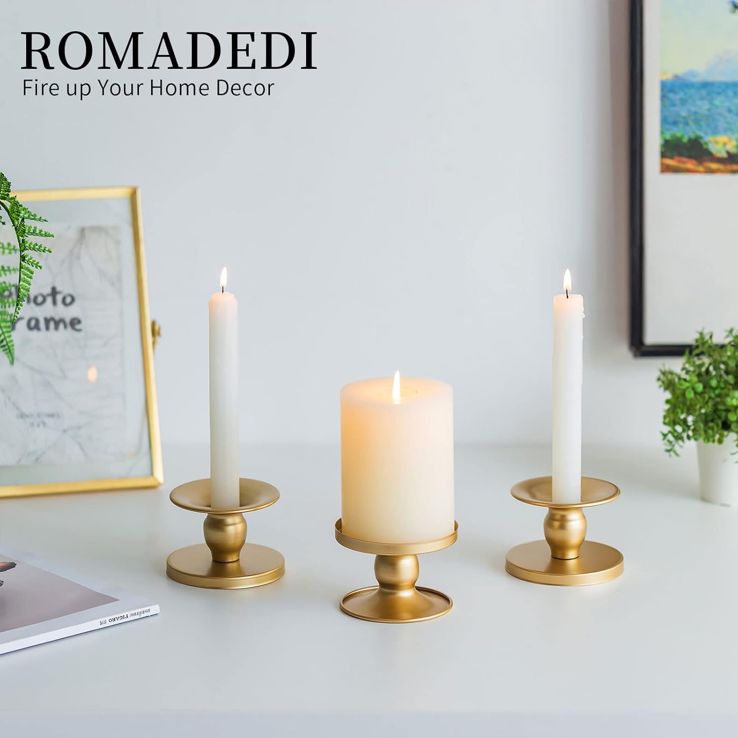 Romadedi Gold Candle Holders - Elegant Pillar & Taper Candle Sticks for Weddings | 4 Pcs Set