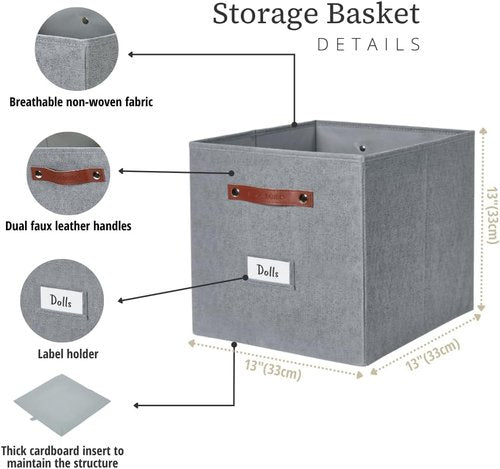 DECOMOMO Storage Cubes - 13x13x13 Fabric Organizer Bins with Labels | Set of 6 in Texture Grey