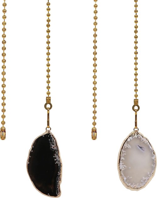 2 Pcs Ceiling Fan with Natural Agate Pull Chains - Gilt Edged Agate - 12 Inches Fan Pulls Set with Connector (Grey And Black)