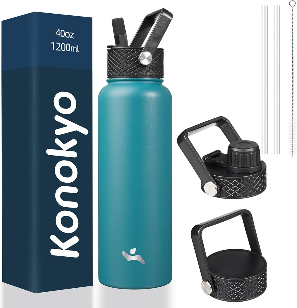Skiennix 40oz Insulated Water Bottle - Stainless Steel Sport Bottle with 3 Lids | Light Blue