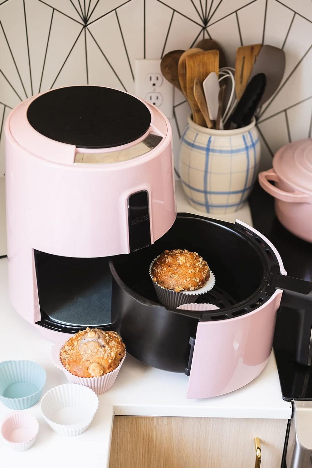 Skiennix Reusable Silicone Baking Cups - BPA Free Muffin Liners, Mini Size, 24 Pack in Pink, Gray, Blue