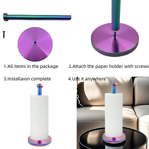 Keiwhsly Stainless Steel Paper Towel Holder Countertop, Rainbow Kitchen Roll Holder Stand with Weighted Base Removable Top for a Variety of Paper Towels