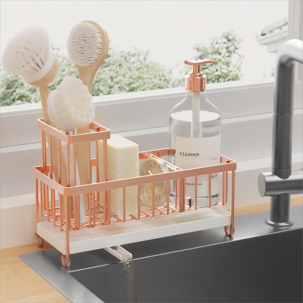Cisily Kitchen Sink Caddy Organizer - Rustproof 304 Stainless Steel with High Brush Holder | Rose Gold, 9.25”