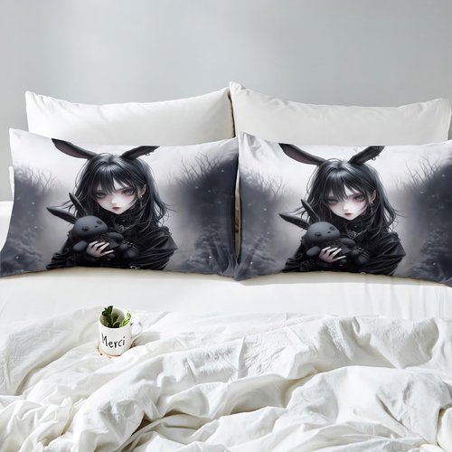 Anime Bed Sheets 3D Japanese Girl Fitted Sheet Twin,Anime Gifts Sheets for Girls,Gothic Cartoon Rabbit Print Bed Set for Room Decor