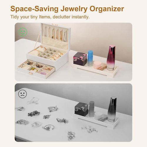 MOSISO Jewelry Box for Women, Large PU Leather Jewelry Organizer Drawer Storage Case with 2 Layers Display for Earrings Bracelets Rings Necklaces Watch Holder, White