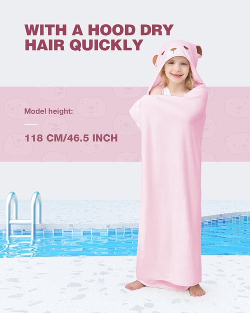 ZIONOR Hooded Bath Towel for Kids - 50''L x 35''W Extra-Large Hooded Towels for Big Kids 6-10, Kids Beach Towels Made from Bamboo Rayon, Suitable for Bath, Pool, Beach(Pink Bear)