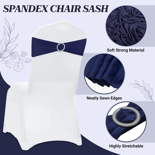 MDS Spandex Chair Sashes - 250 Pack of Elastic Stretch Bands with Slider Bow for Wedding Decor | Navy Blue