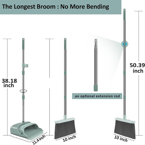 Kelamayi Upgrade Broom and Dustpan Set - Large Size with Long Handle for Indoor & Outdoor Use | Green