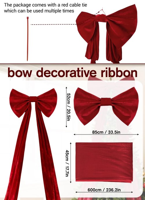 UQJE 32 x 250 in Red Big Bow Valentine's Day Decorations Giant 3D Velvet Ribbon Bows Tree Topper Decor for Party Birthday Christmas
