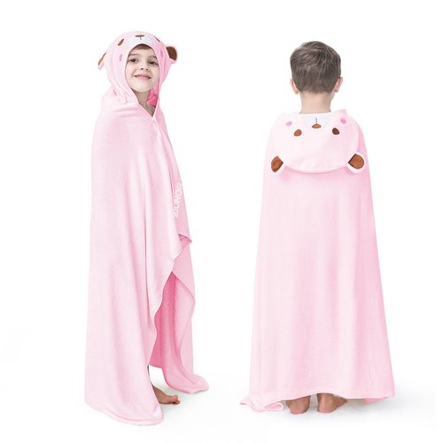 ZIONOR Hooded Bath Towel for Kids - 50''L x 35''W Extra-Large Hooded Towels for Big Kids 6-10, Kids Beach Towels Made from Bamboo Rayon, Suitable for Bath, Pool, Beach(Pink Bear)