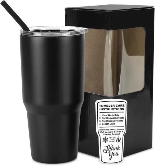 Makerflo 30 oz Black Powder Coated Tumbler - Pack of 25 with Upgraded Handle & Leak-Proof Lid for Crafting