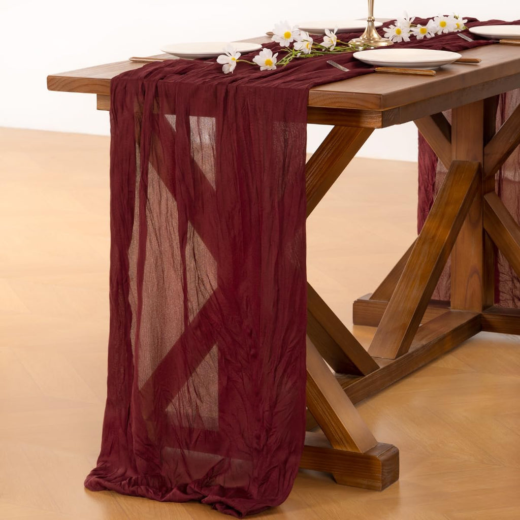 Socomi Burgundy Red Cheesecloth Table Runner - 120 Inch Boho Rustic Decor for Weddings & Events