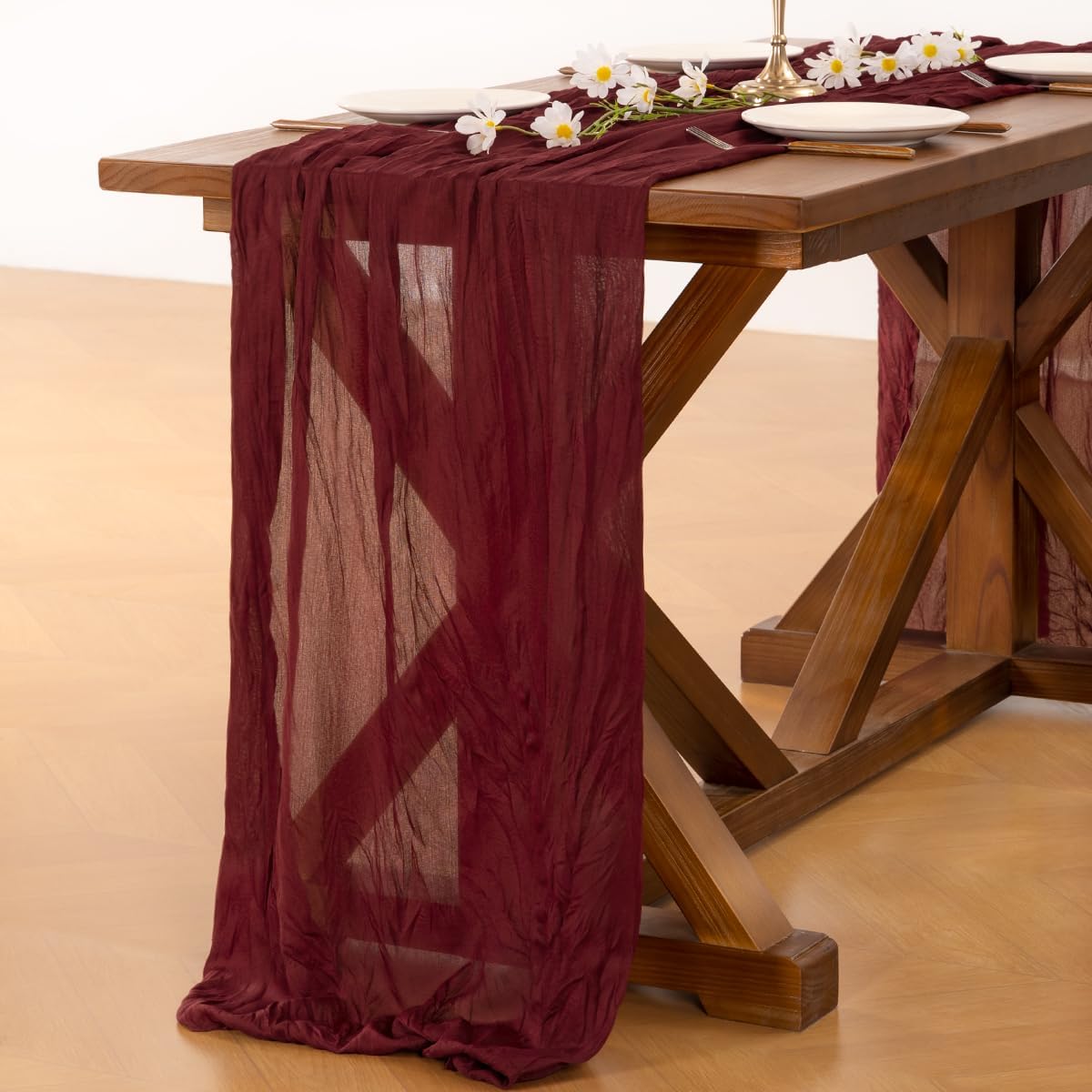 Socomi Burgundy Red Table Runner - Boho Rustic Cheesecloth Sheer 120 Inch for Weddings & Parties
