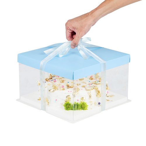 Restaurantware-Sweet Vision 10 Inch x 8.25 Inch Transparent Cake Boxes, 10 Grease Resistant Base Clear Cake Boxes - Blue Lid, Blue Ribbon, Plastic Birthday Box, For Weddings Or Birthdays