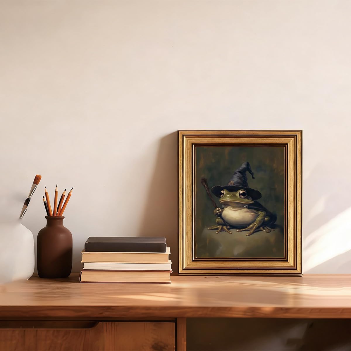 Vintage Gold Framed Wall Art - Witchy Frog Canvas Print for Dark Academia Decor | 8x10in Gothic Artwork