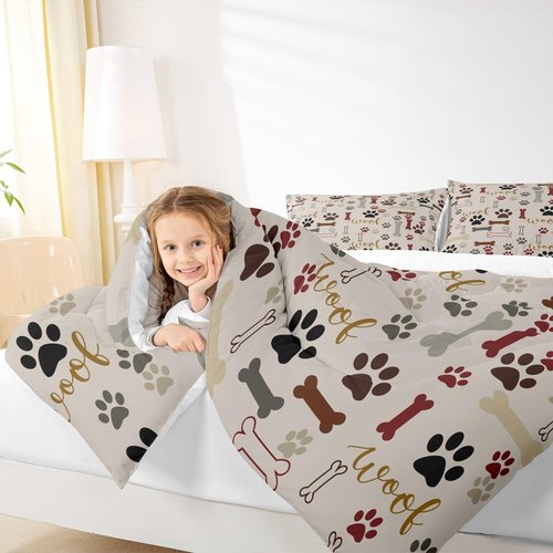 Homewish Dog Paw Print Comforter Set Twin Size,Bone Pattern Bedding Set 2pcs for Kids Teens Girls Boys Room Decor,Pet Animal Quilt Set Cartoon Duvet Insert with 1 Pillowcase