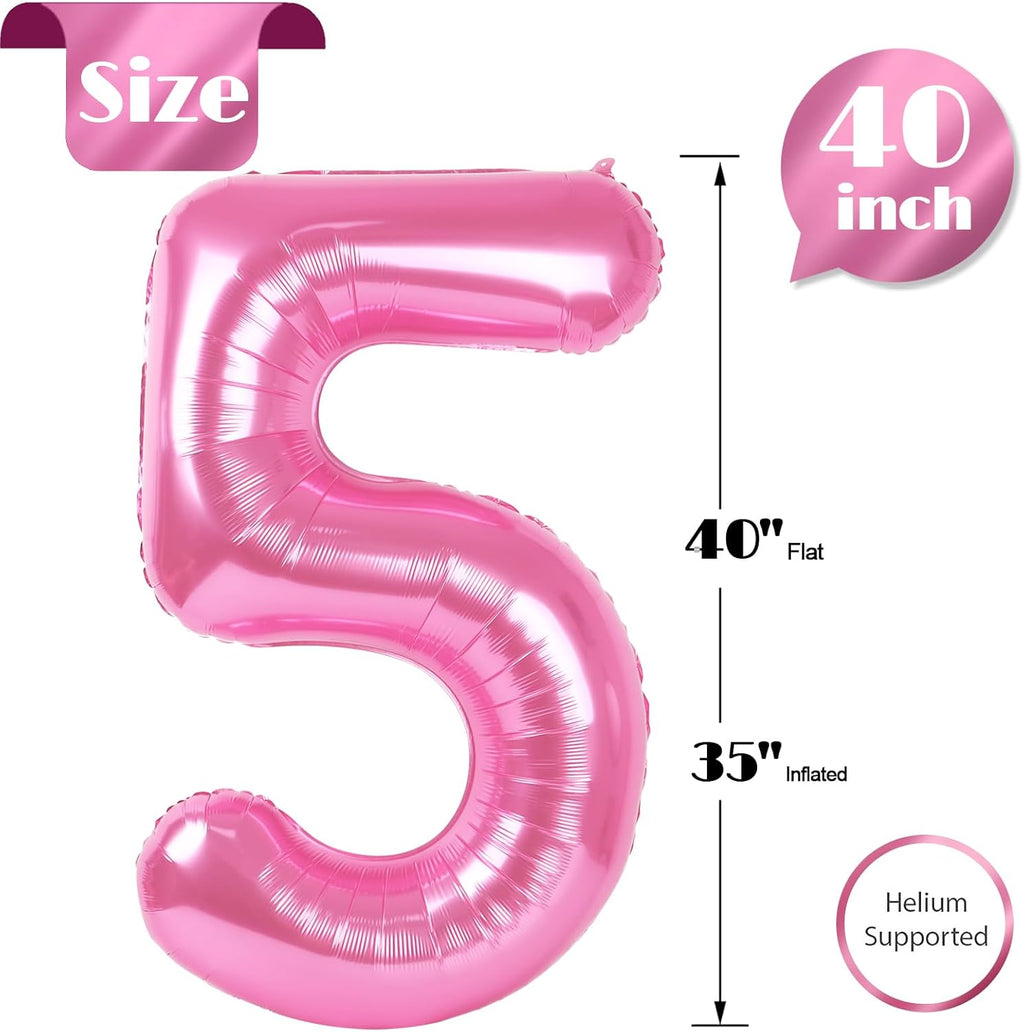 Number 5 Balloon by Pink - 40 Inch Giant Foil Balloon for 5th Birthday Party Decorations